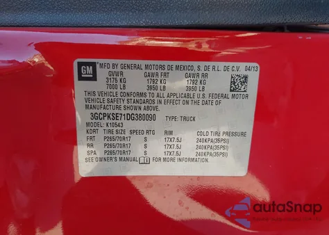 2013 Chevrolet Silverado 1500 Lt из США, поврежденный, VIN 3GCPKSE71DG380090